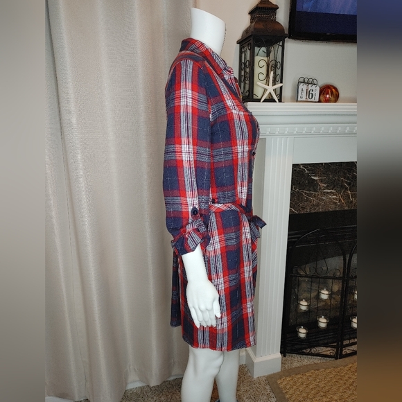 BANANA REPUBLIC PLAID FLANNEL BELTED SHIRT DRESS, PLAID RED 4 - Picture 6 of 12
